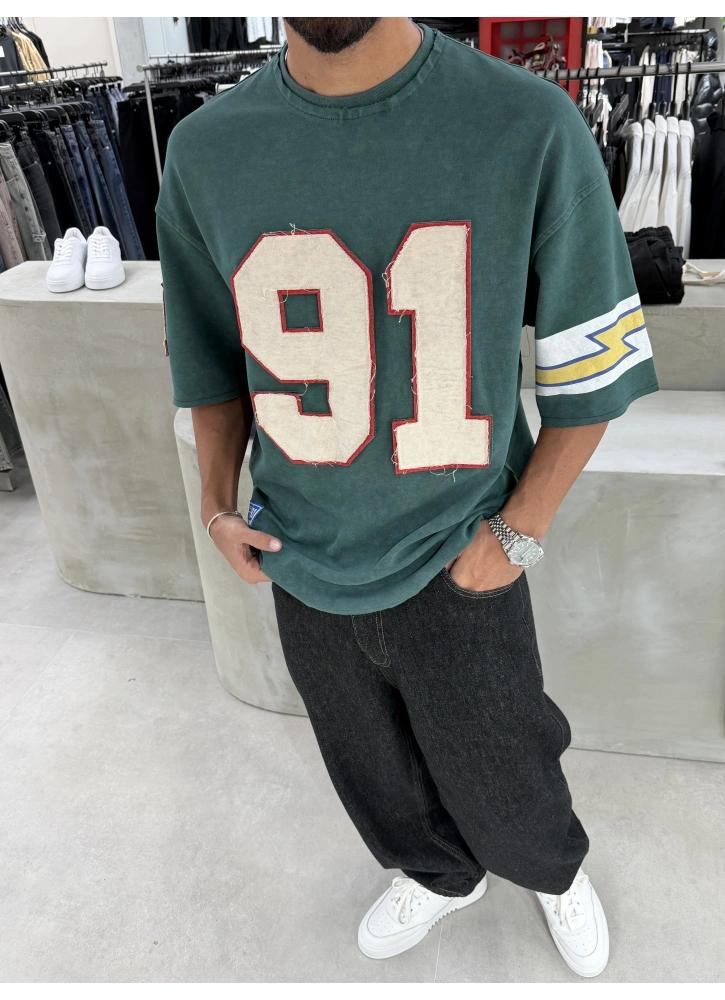 Yeşil 91 İşlemeli Yıkamalı Oversize T-Shirt