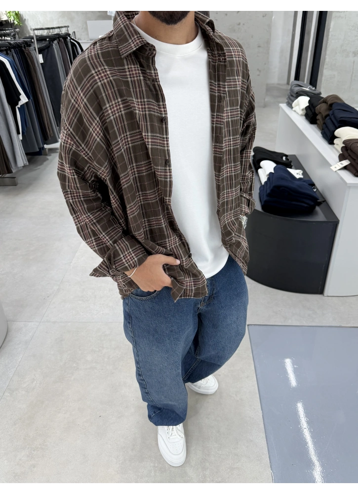 Kahve Kareli Pamuk Kumaş Oversize Gömlek
