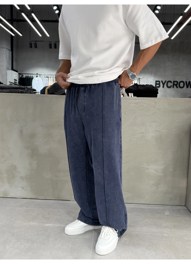 Lacivert Yıkamalı Paça Fermuar Detay Baggy Eşofman