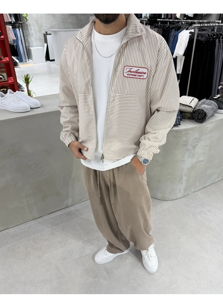 Bej Çizgili Fermuarlı Oversize Ceket