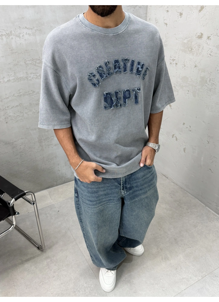 Gri Yıkamalı Kabartmalı Oversize T-Shirt