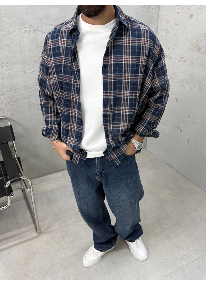 Lacivert Kareli Pamuk Kumaş Oversize Gömlek