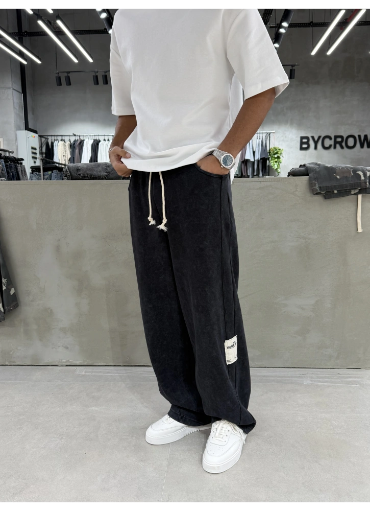 Siyah Yıkamalı Bol Kalıp Baggy Eşofman