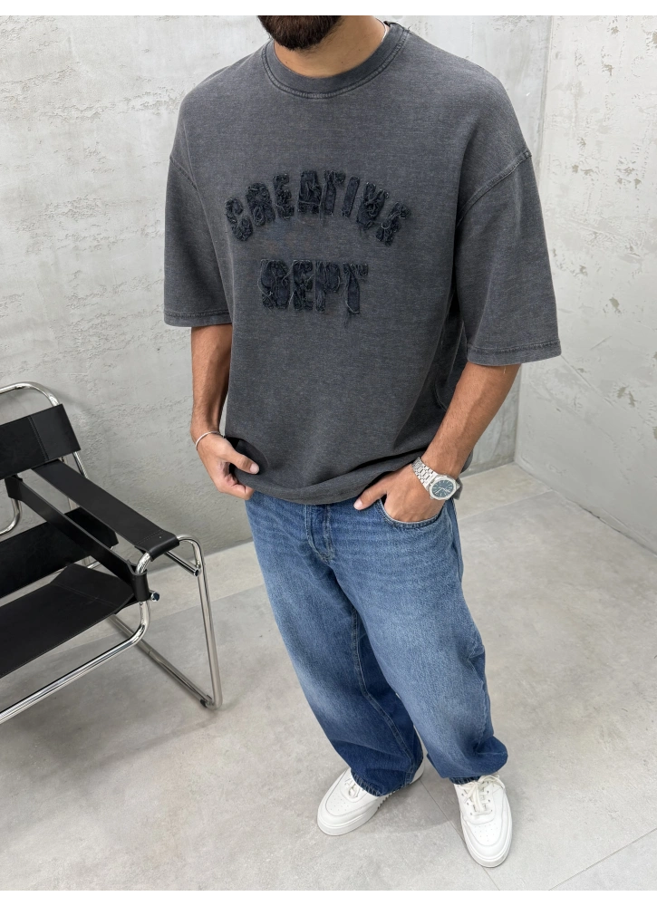 Antrasit Yıkamalı Denim Kabartmalı Oversize T-Shirt