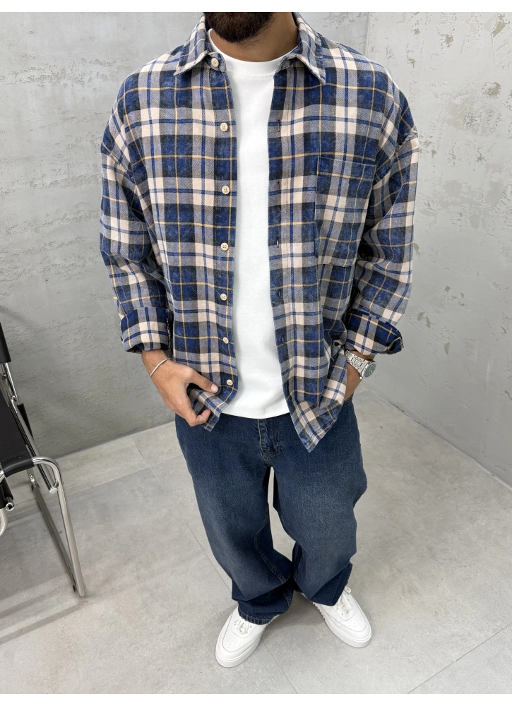 Lacivert Ekose Pamuk Oversize Gömlek