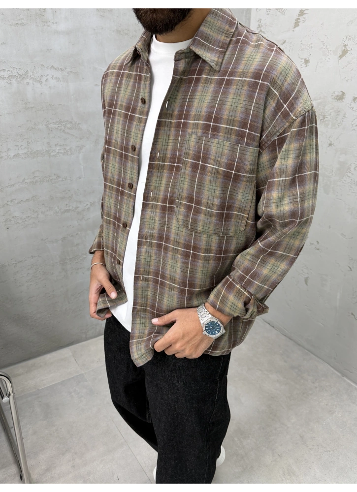 Kahve Ekose Pamuk Oversize Gömlek