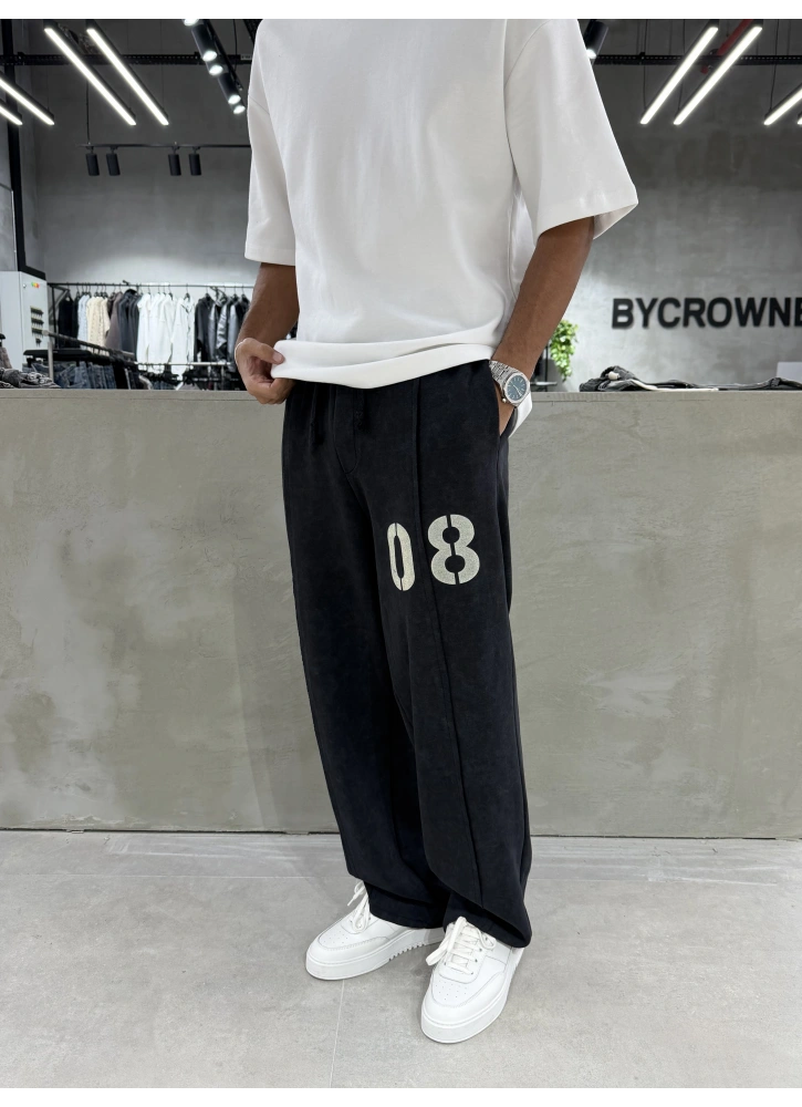 Siyah 08 Yıkamalı Bol Kalıp Baggy Eşofman