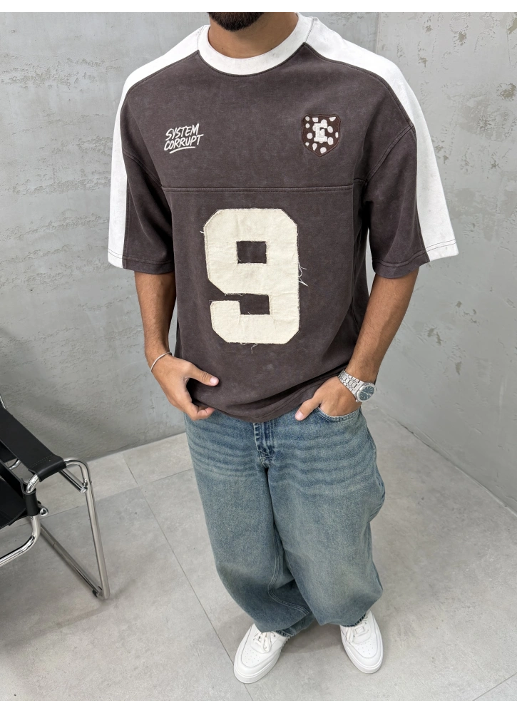 Kahve 9 İşlemeli Yıkamalı Oversize T-Shirt