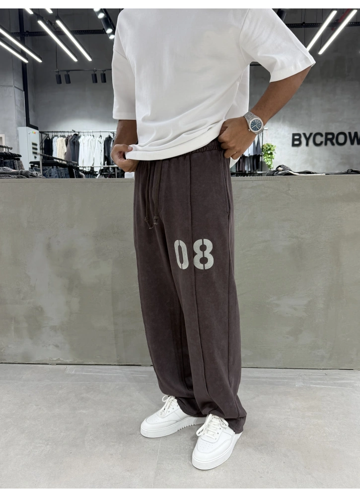 Kahve 08 Yıkamalı Bol Kalıp Baggy Eşofman