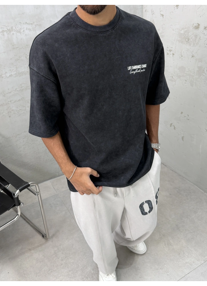 Siyah Baskılı Yıkamalı Oversize T-Shirt