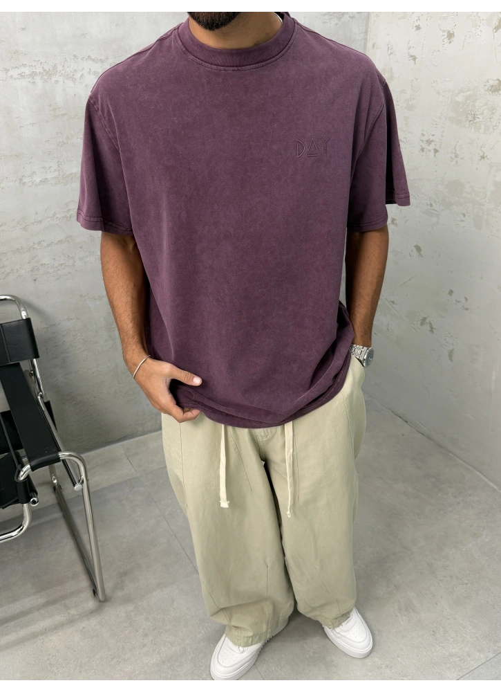Day Bordo Yıkamalı Oversize T-Shirt