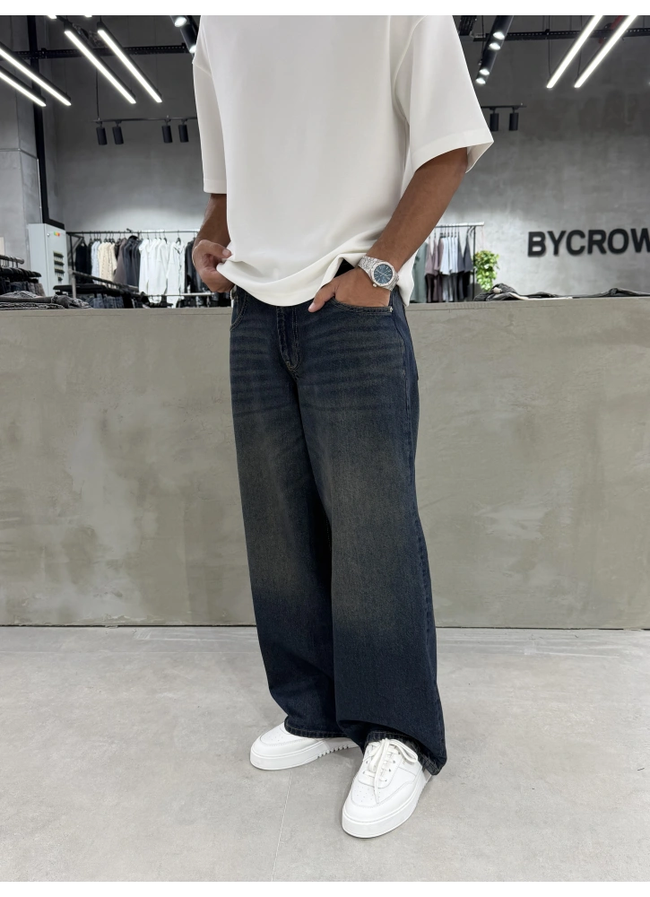 Koyu Mavi Eskitme Denim Süper Baggy