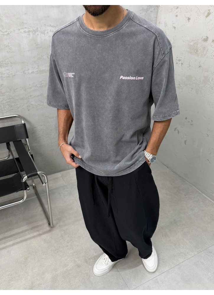 Passion Gri Yıkamalı Oversize T-Shirt