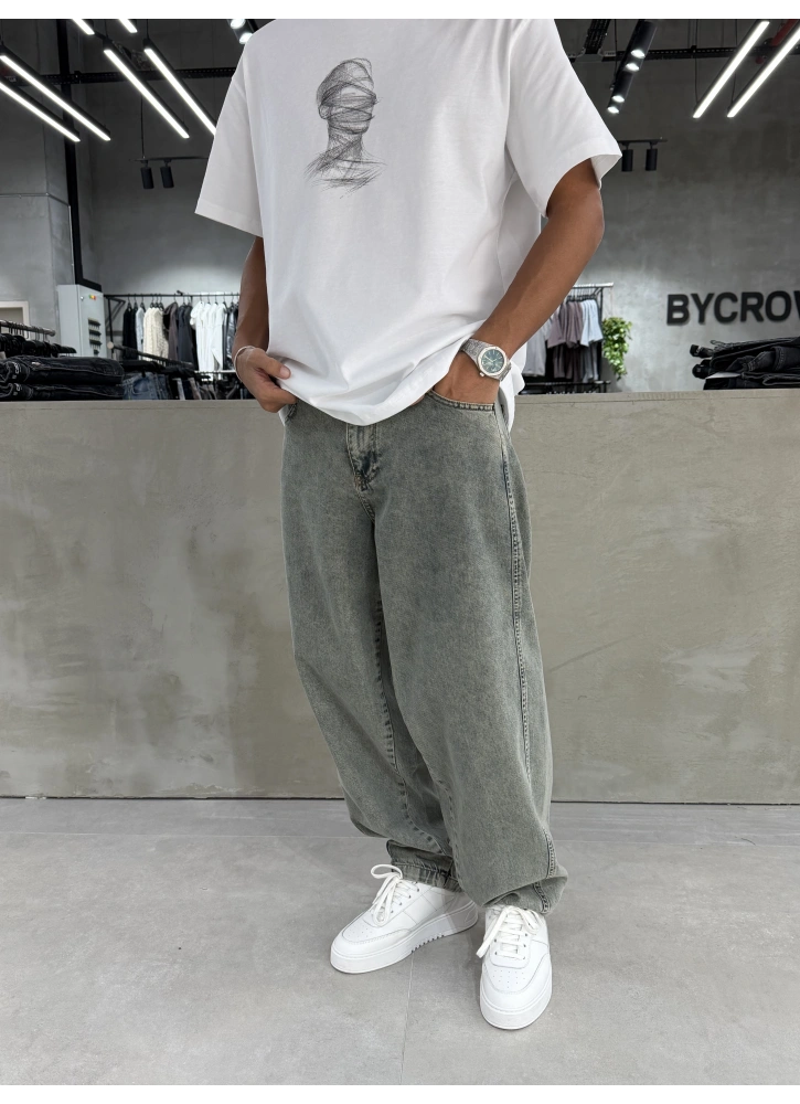 Eskitme Mavi Çizgi Detay Baggy Jean