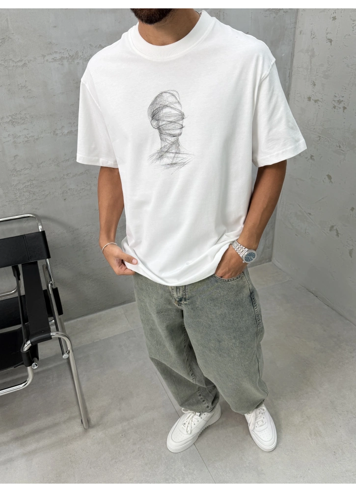 Beyaz Baskılı Oversize T-Shirt