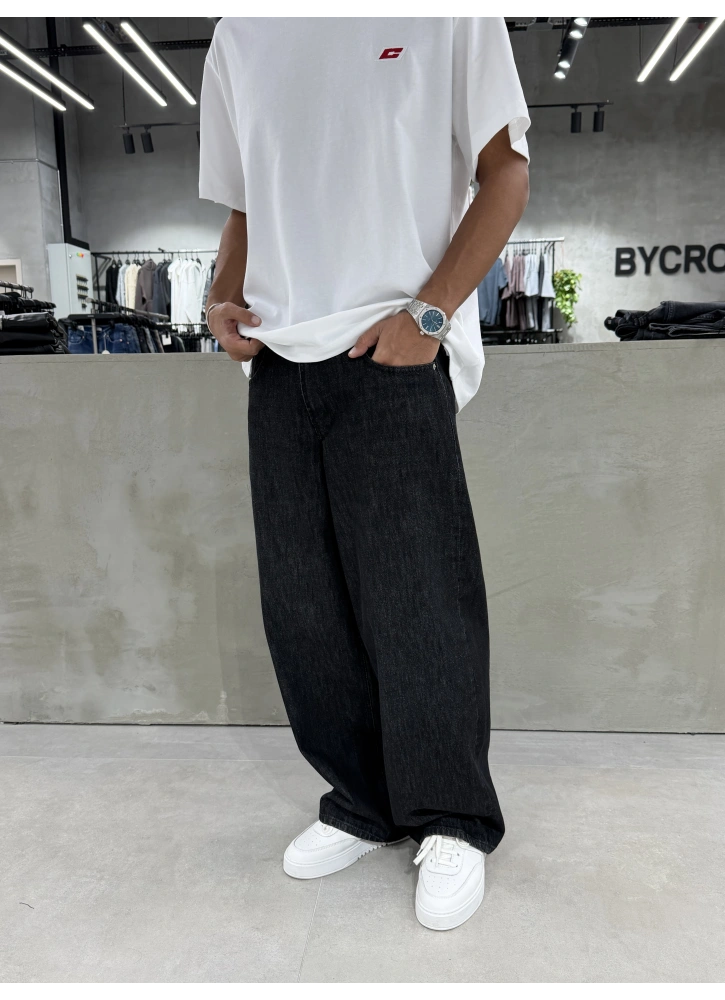 Siyah Eskitme Denim Süper Baggy