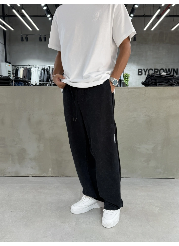 Siyah Yıkamalı Basic Bol Kalıp Eşofman