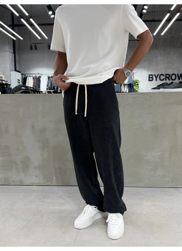 Siyah Yıkamalı Comfort Bol Kalıp Eşofman