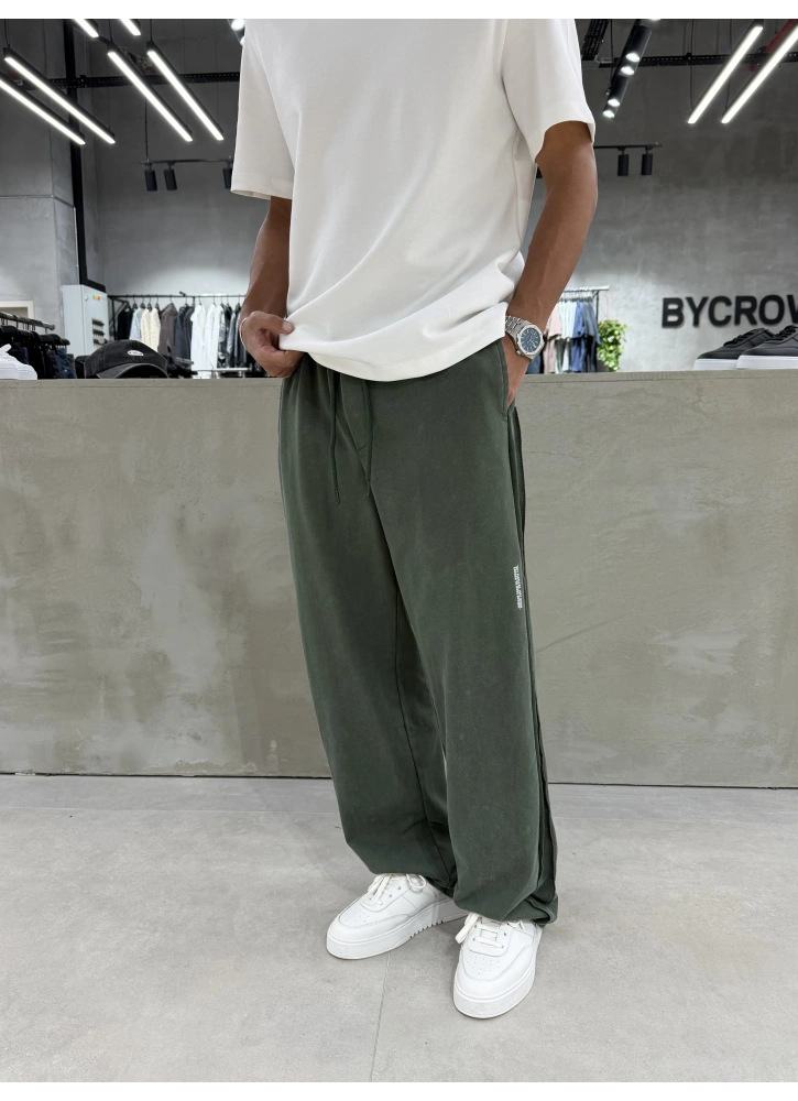 Haki Yıkamalı Şerit Bol Kalıp Eşofman