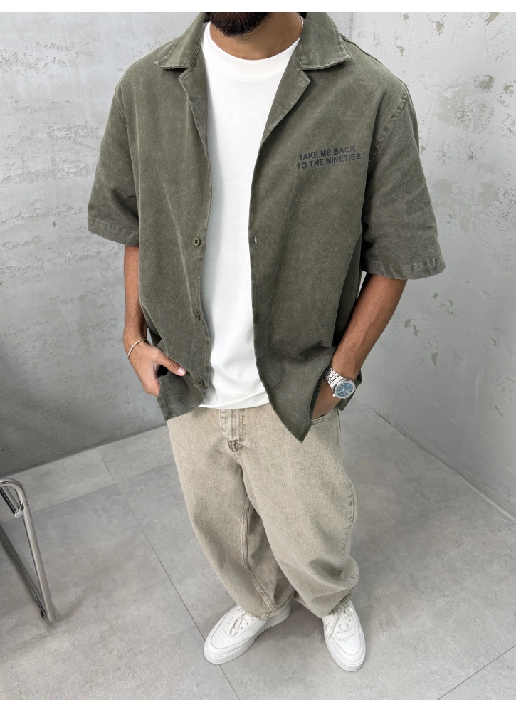 Haki Yıkamalı Oversize Kısa Kollu Gömlek