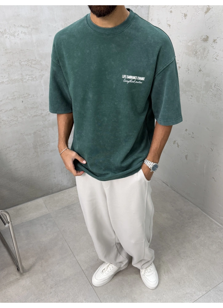 Yeşil Baskılı Yıkamalı Oversize T-Shirt