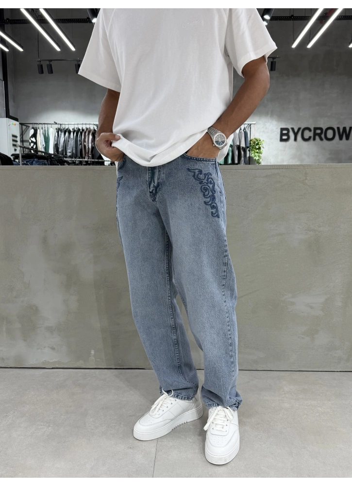 Mavi Eskitme Nakış Detay Baggy Jean