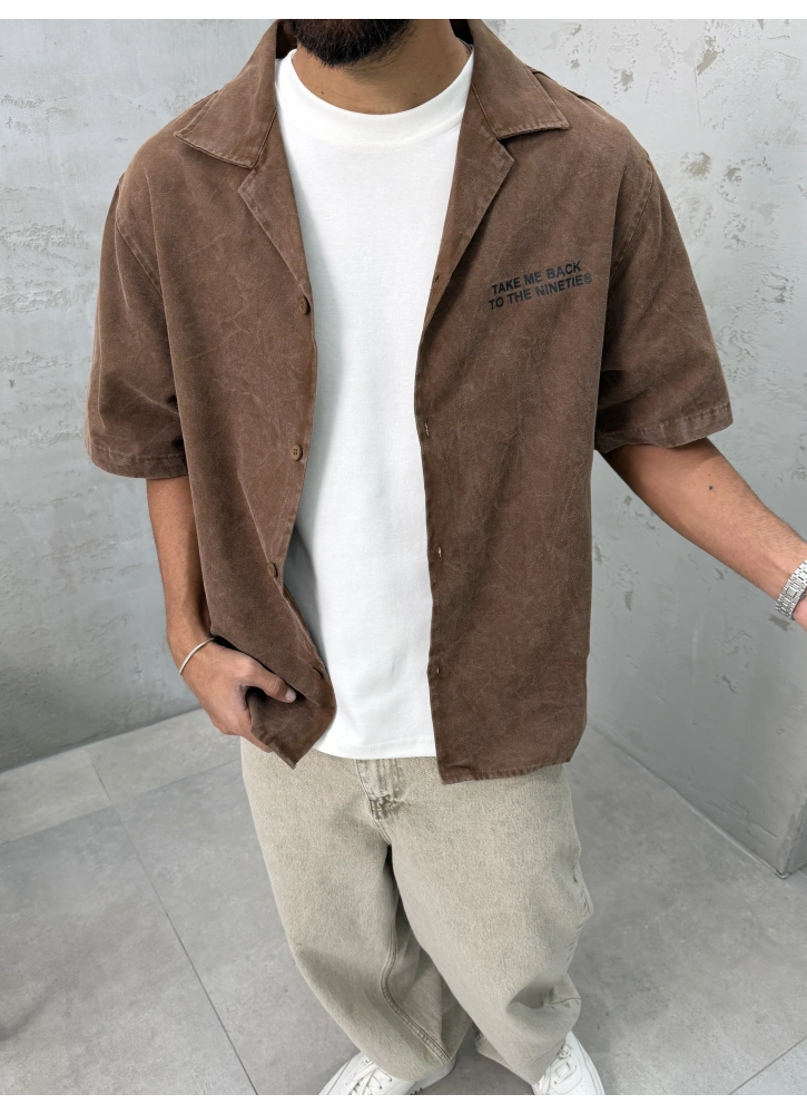Kahve Yıkamalı Oversize Kısa Kollu Gömlek