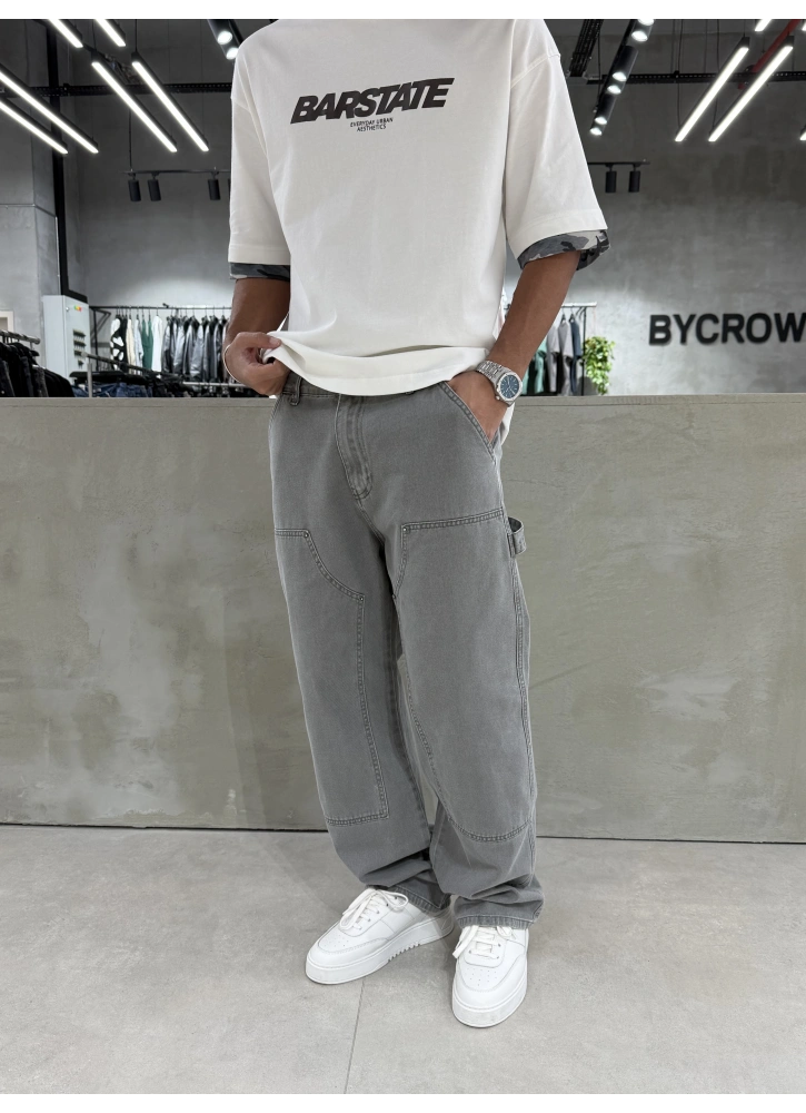 Gri Yıkamalı Dikiş Detay Baggy Jean