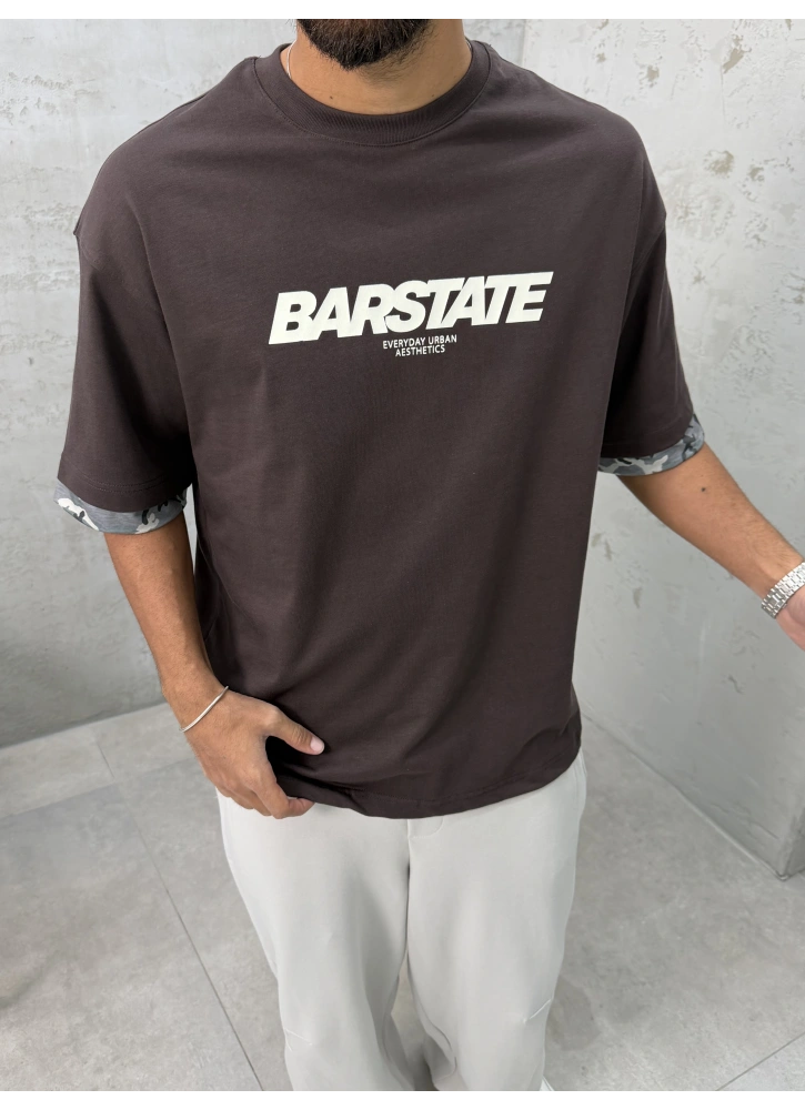 Kahve Barstate Oversize Kol Detay T-Shirt