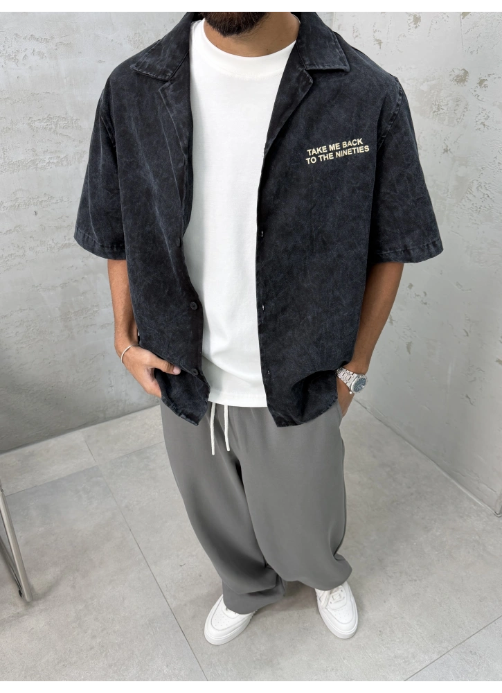 Siyah Yıkamalı Oversize Kısa Kollu Gömlek