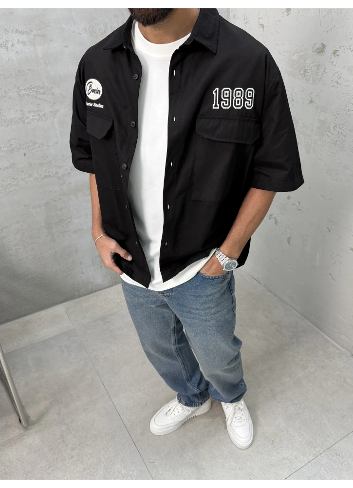 1989 Siyah Oversize Kısa Kollu Gömlek