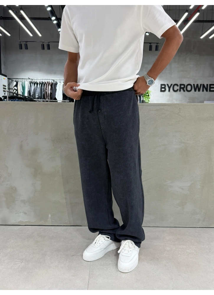 Siyah Yıkamalı Basic Bol Kalıp Eşofman