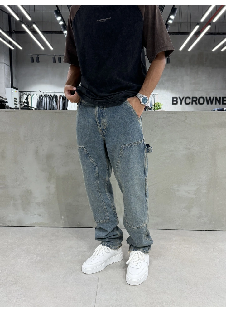 Eskitme Mavi Dikiş Detay Baggy Jean