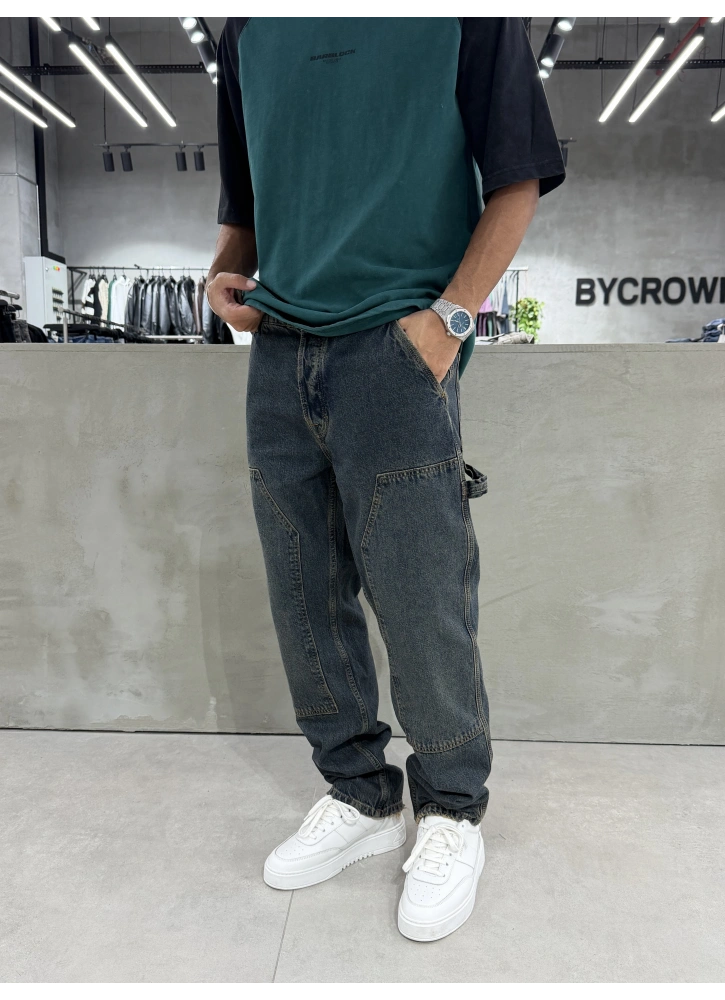 Koyu Eskitme Mavi Dikiş Detay Baggy Jean