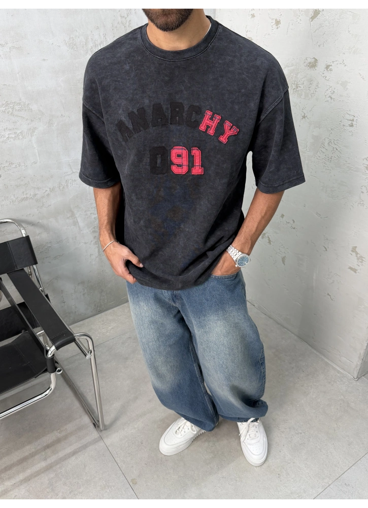 Anarchy Siyah Yıkamalı Oversize T-Shirt