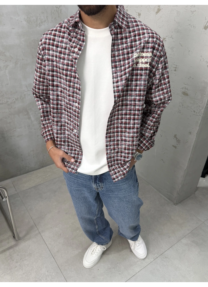 Softness Bordo Kareli Oversize Gömlek