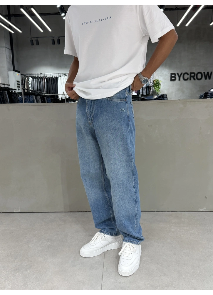 Mavi C Nakışlı Bol Kalıp Baggy Jean