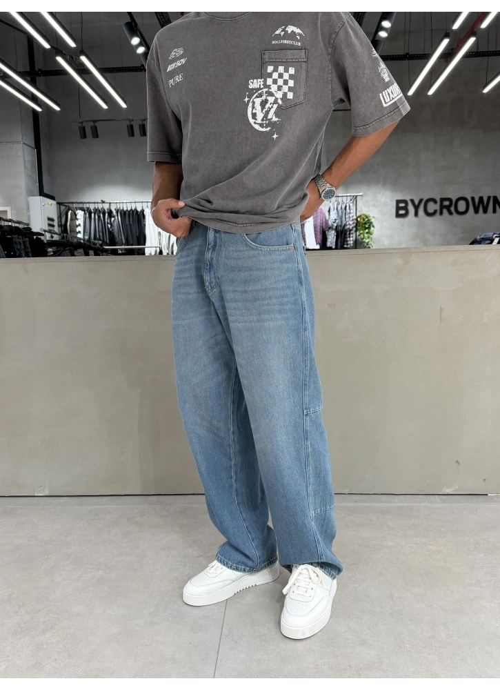 Mavi Blok Bol Kalıp Baggy Jean
