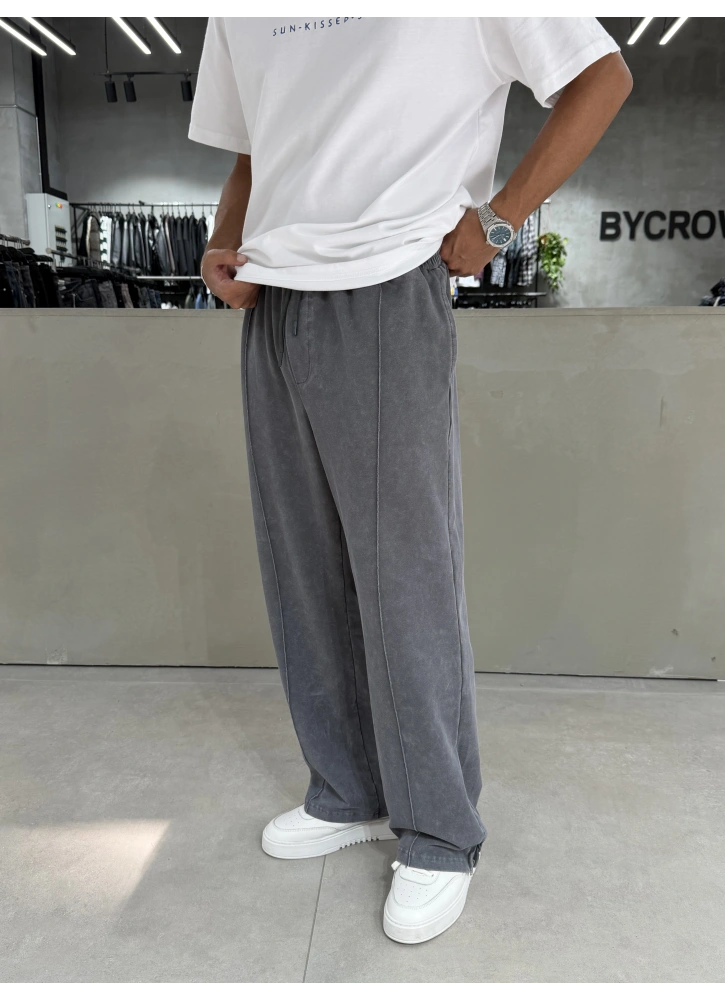 Gri Yıkamalı Paça Fermuar Detay Baggy Eşofman