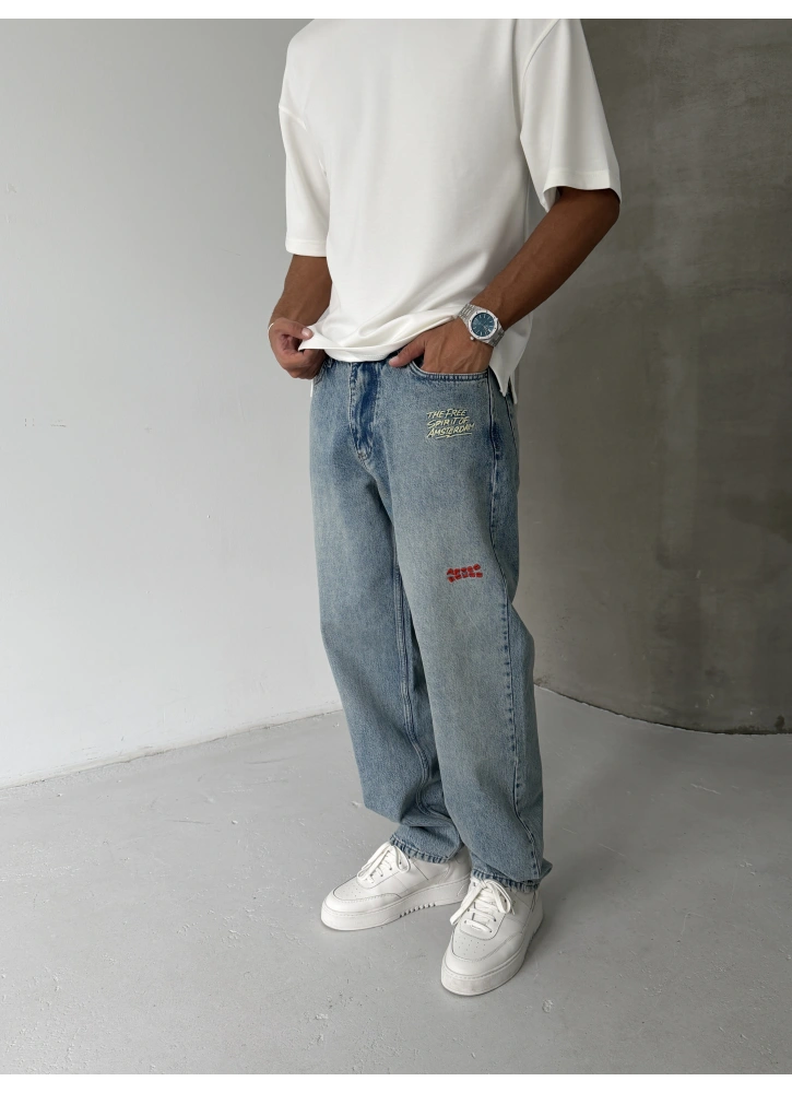 Mavi Cebi Nakışlı Baggy Jean