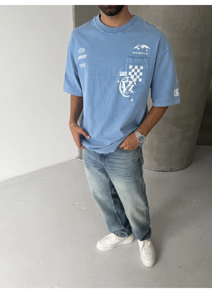 Mavi Yıkamalı Safe Oversize Tshirt