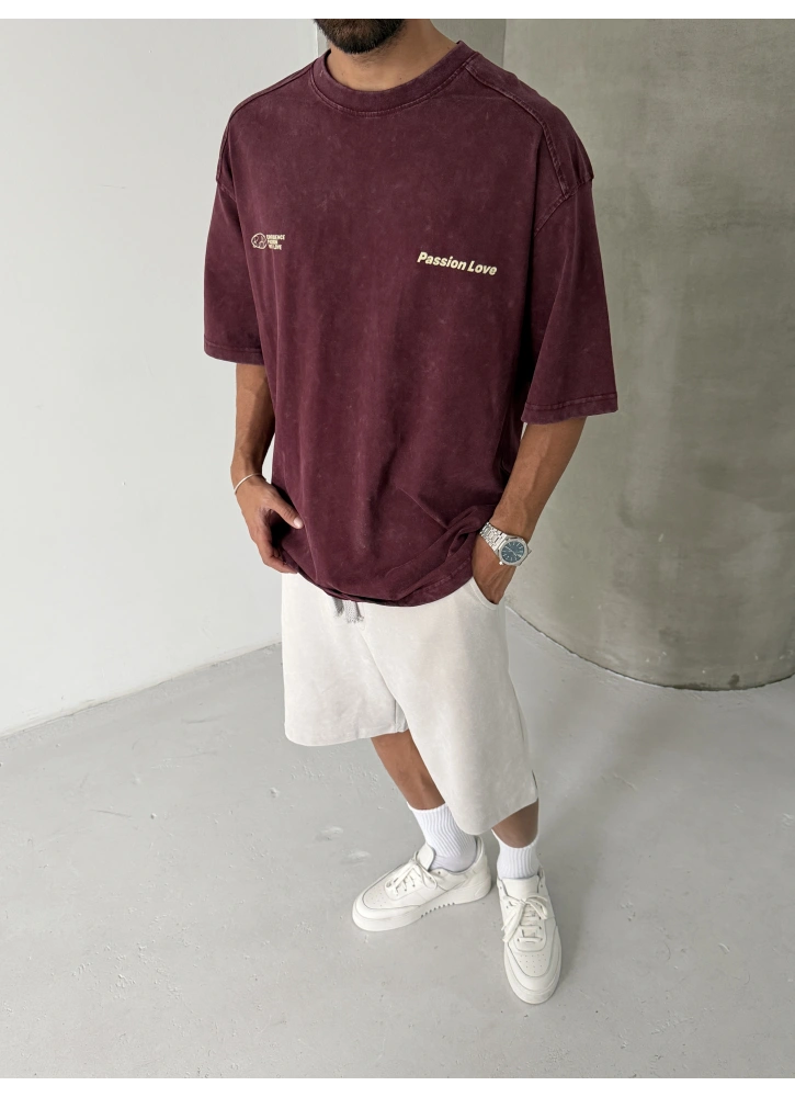 Passion Bordo Yıkamalı Oversize T-Shirt
