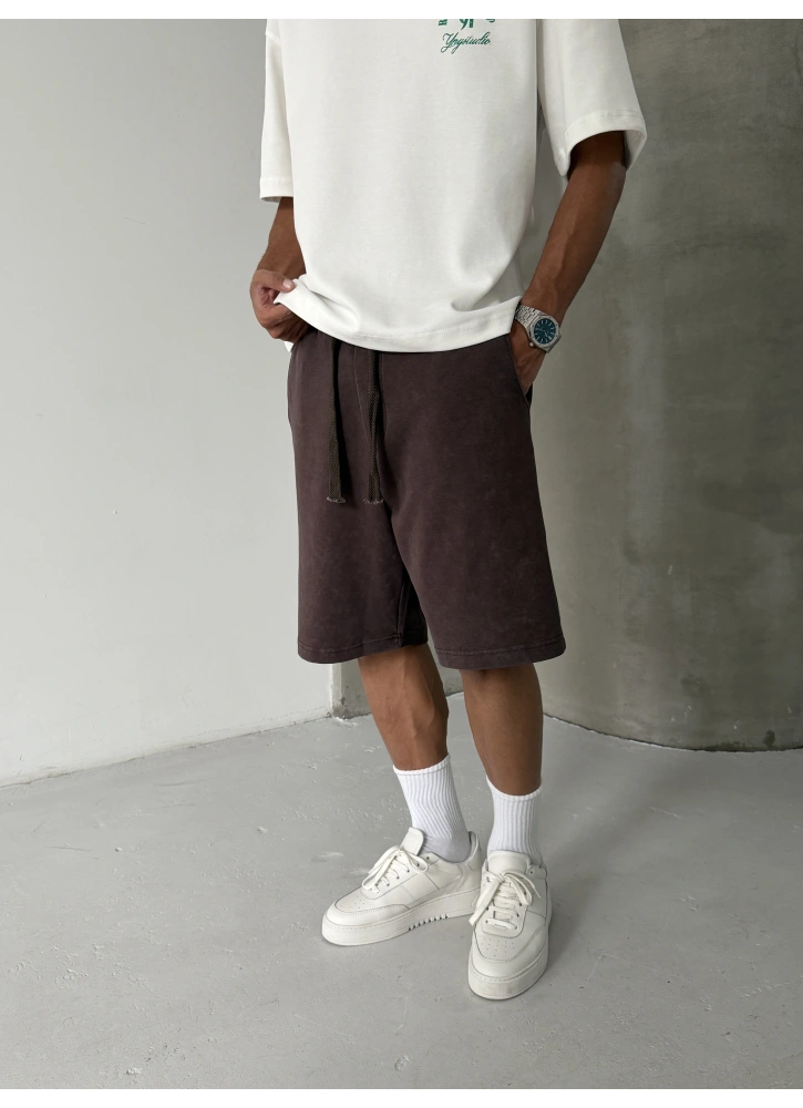 Kahverengi Yıkamalı Bol Kalıp Şort