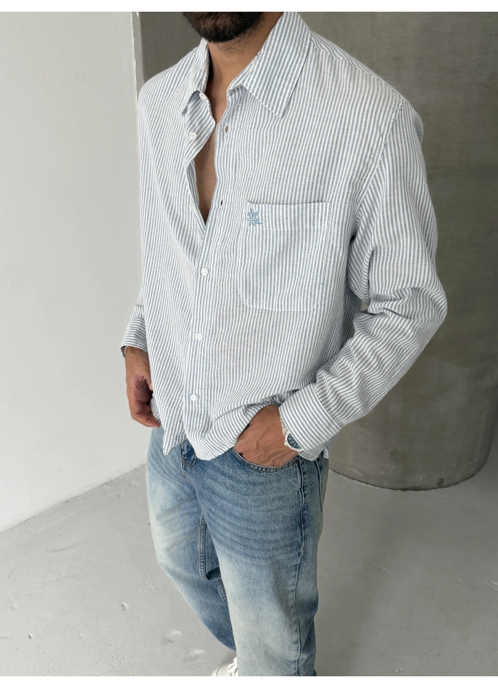 Mavi Çizgili Keten Oversize Gömlek