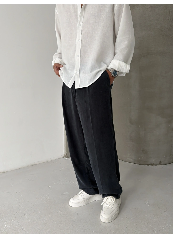 Siyah Yıkamalı Pileli Bol Kalıp Kumaş Baggy