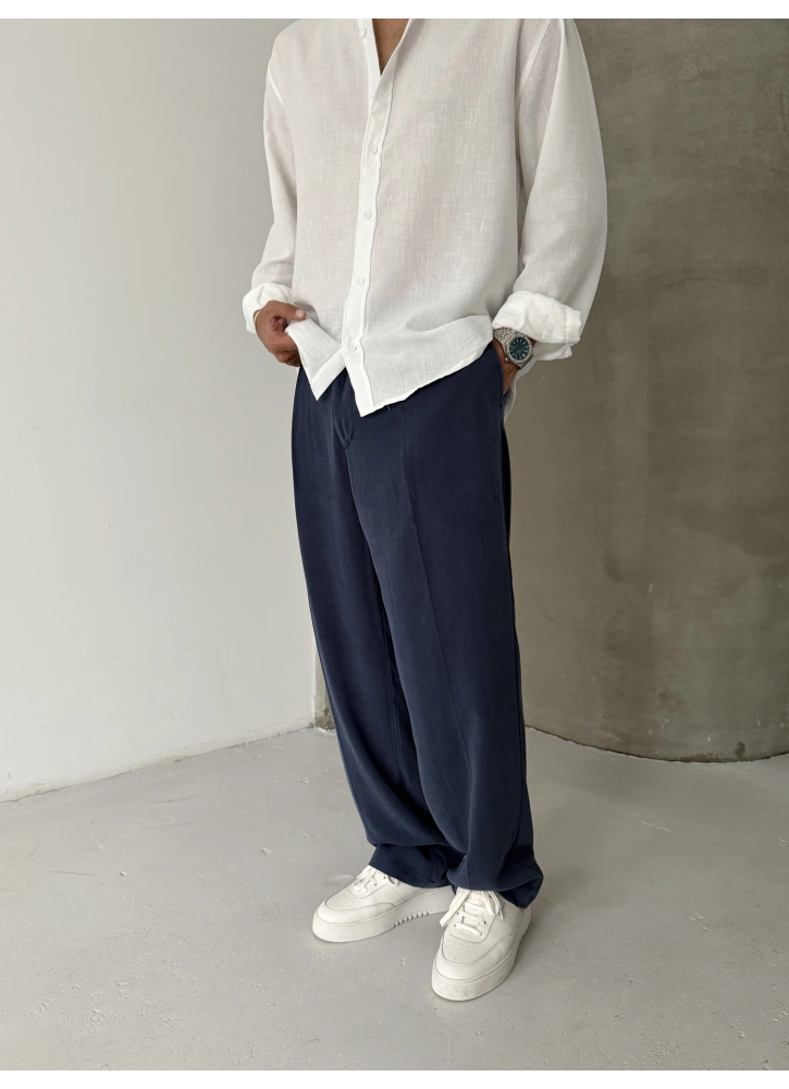 Lacivert Yıkamalı Pileli Bol Kalıp Kumaş Baggy