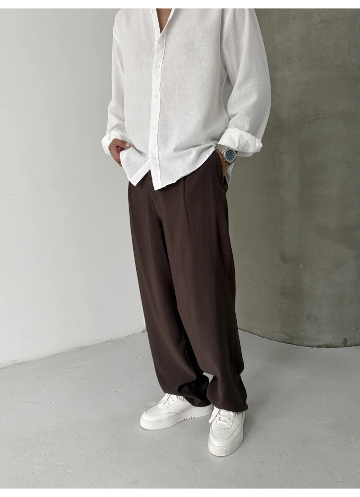 Kahve Premium Pileli Bol Kalıp Kumaş Baggy