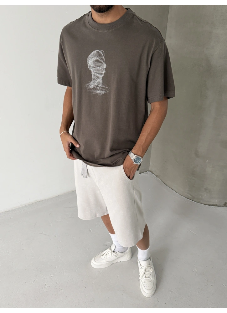 Kahverengi Baskılı Oversize T-shirt
