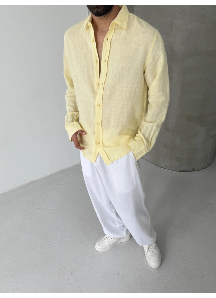 Sarı Premium %100 Keten Gömlek