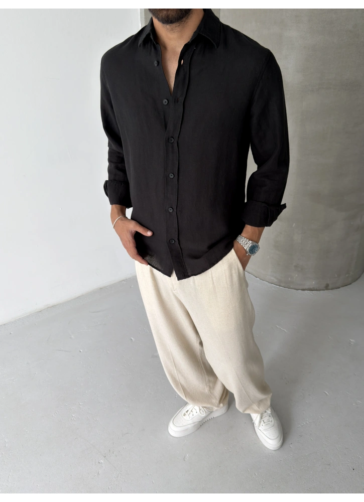 Siyah Premium %100 Keten Gömlek